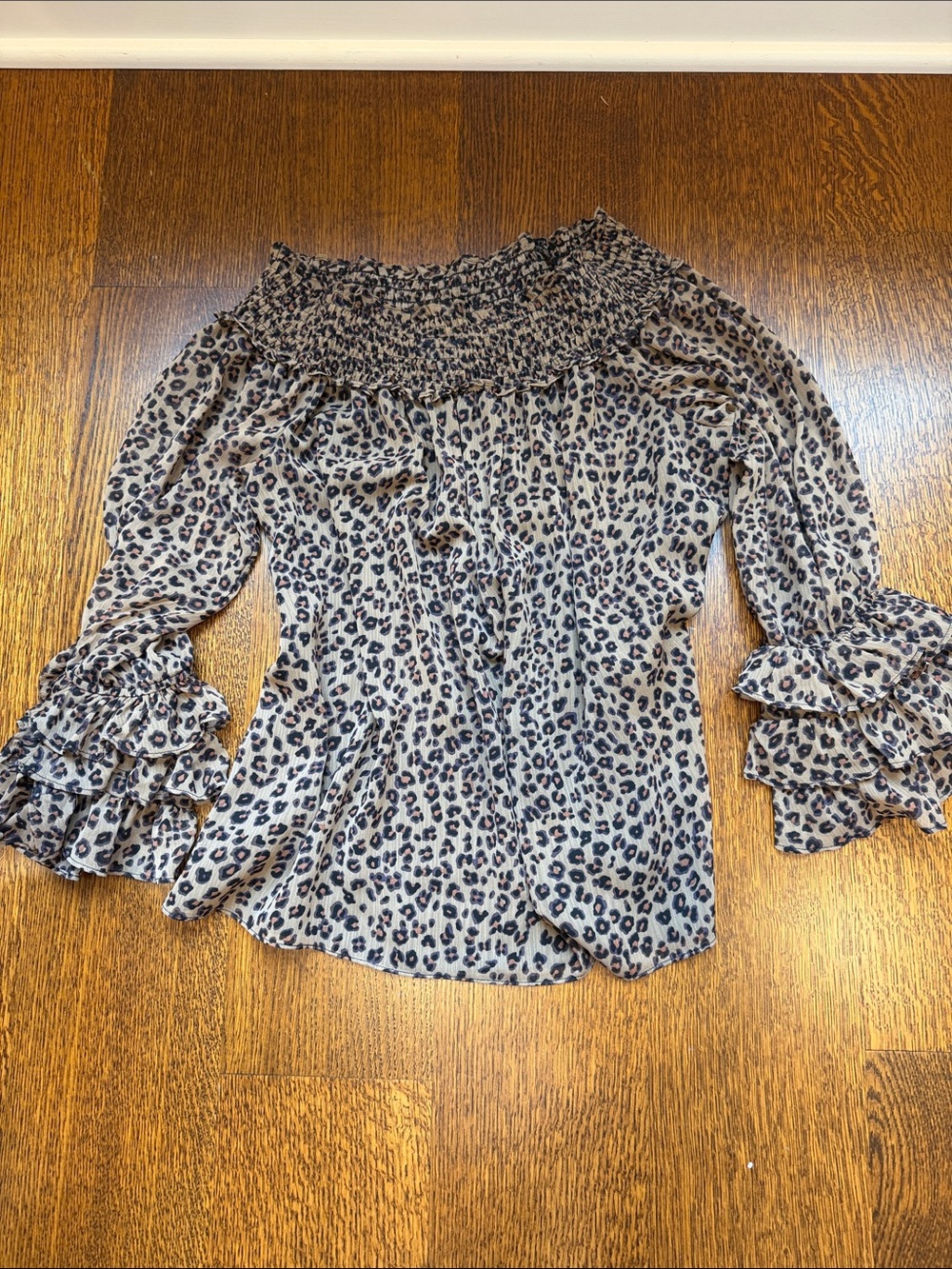 CeCe Beige and Black Leopard Off-Shoulder Ruffle Sleeve Blouse